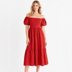 A&F Emerson Poplin Puff Sleeve Midi Dress Small Petite Off the Shoulder Red